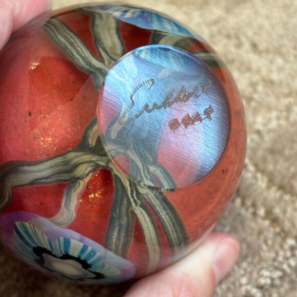 Robert Eickholt Signed Floral Anemone Perfume Bottle Art Glass 5" Flowers Coral - Picture 9 of 12